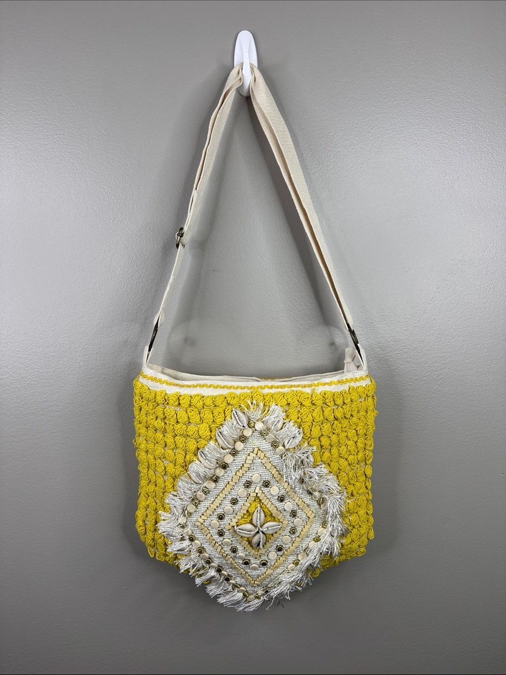 Yellow Crochet Shoulder Bag with Embroidered and Shell Detail Center Panel